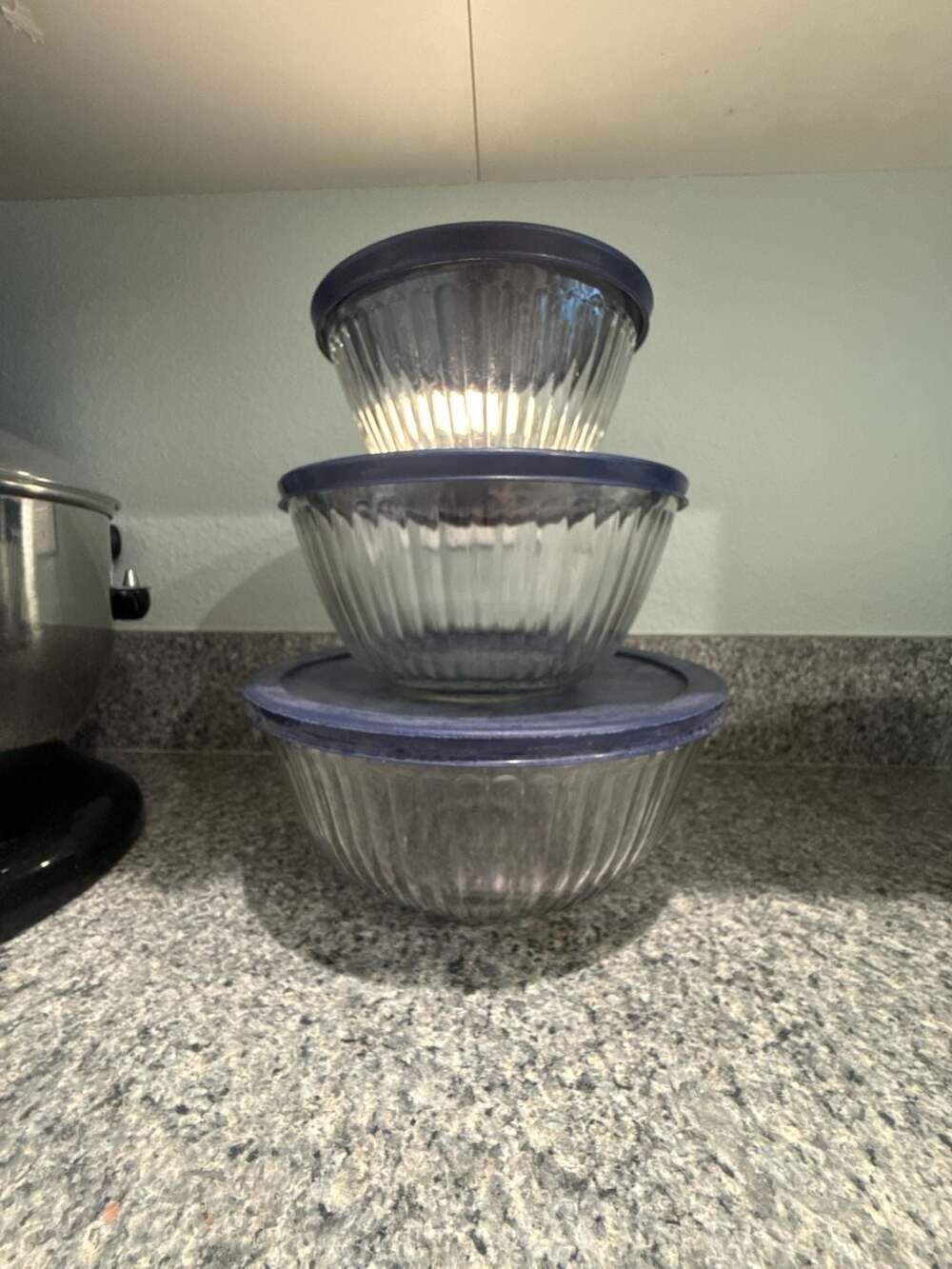 Pyrex Clear Sculptured Ribbed Glass Mixing Bowls with Blue Lids Set of 3